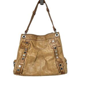 B.Makowsky Tan Leather Croc Pattern Shoulder Bag Silver‎ Metal Stud Accents